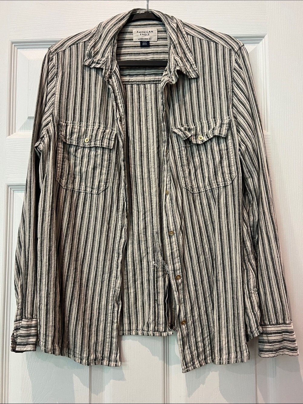 American Eagle Oversized Striped Button-Up in Black and White